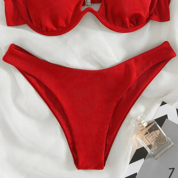 Red Women's Beach Rib Cut Out One Shoulder Bikini swimsuit - Picture 4 of 5